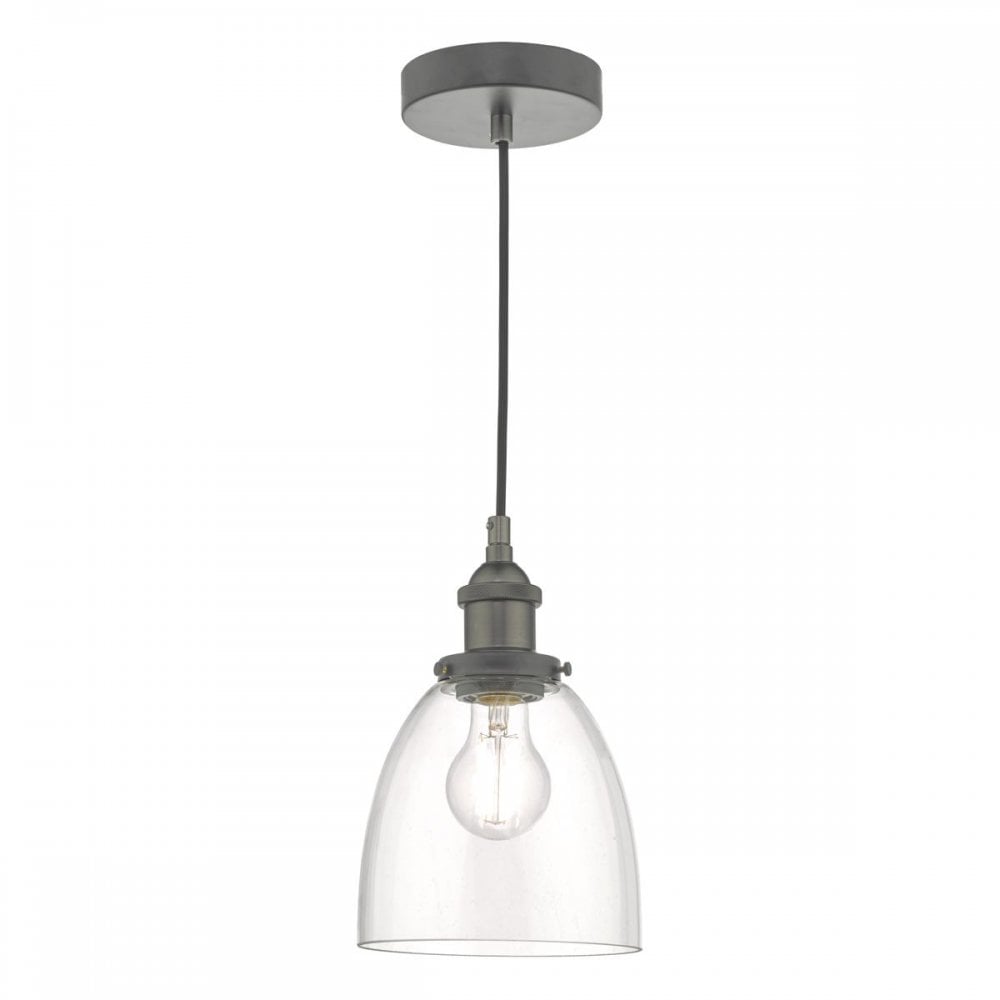 A glass and grey pendant light with a clear bell-shaped shade and an exposed bulb.