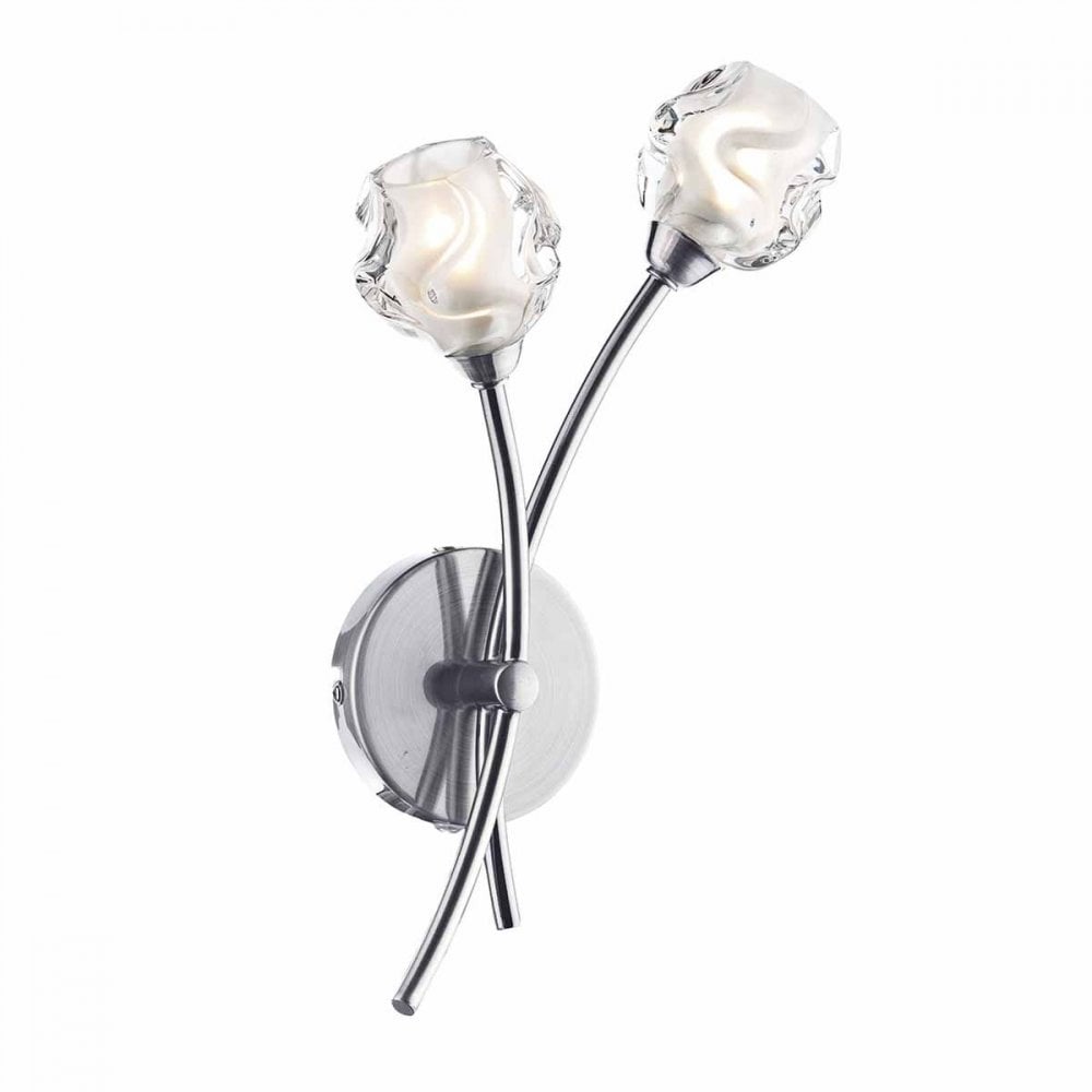 A modern chrome wall light with two clear, frosted glass shades.