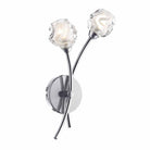 A modern chrome wall light with two clear, frosted glass shades.