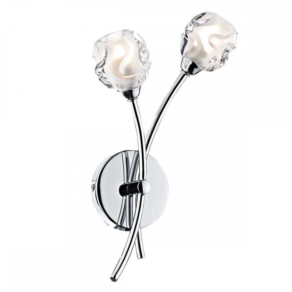 A modern chrome wall sconce with two upward-curving arms and frosted glass shades.