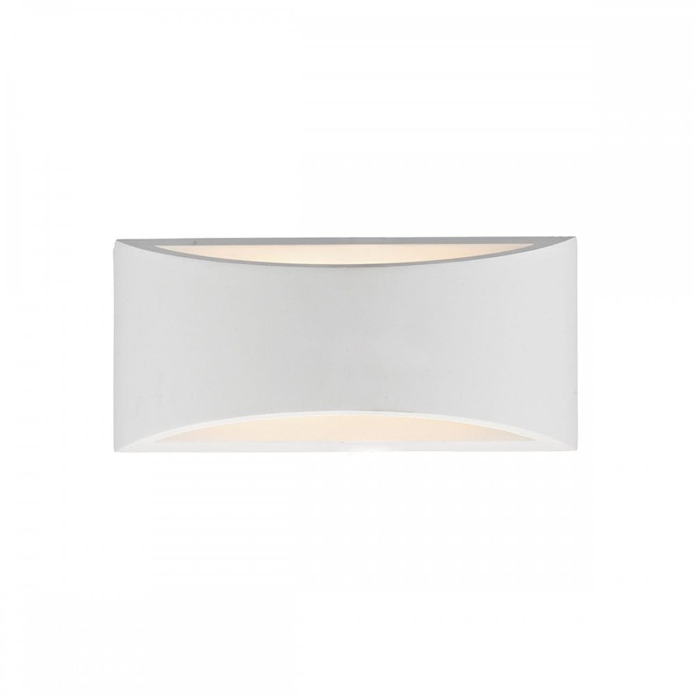 A sleek, white, curved wall light emitting warm light upwards and downwards.
