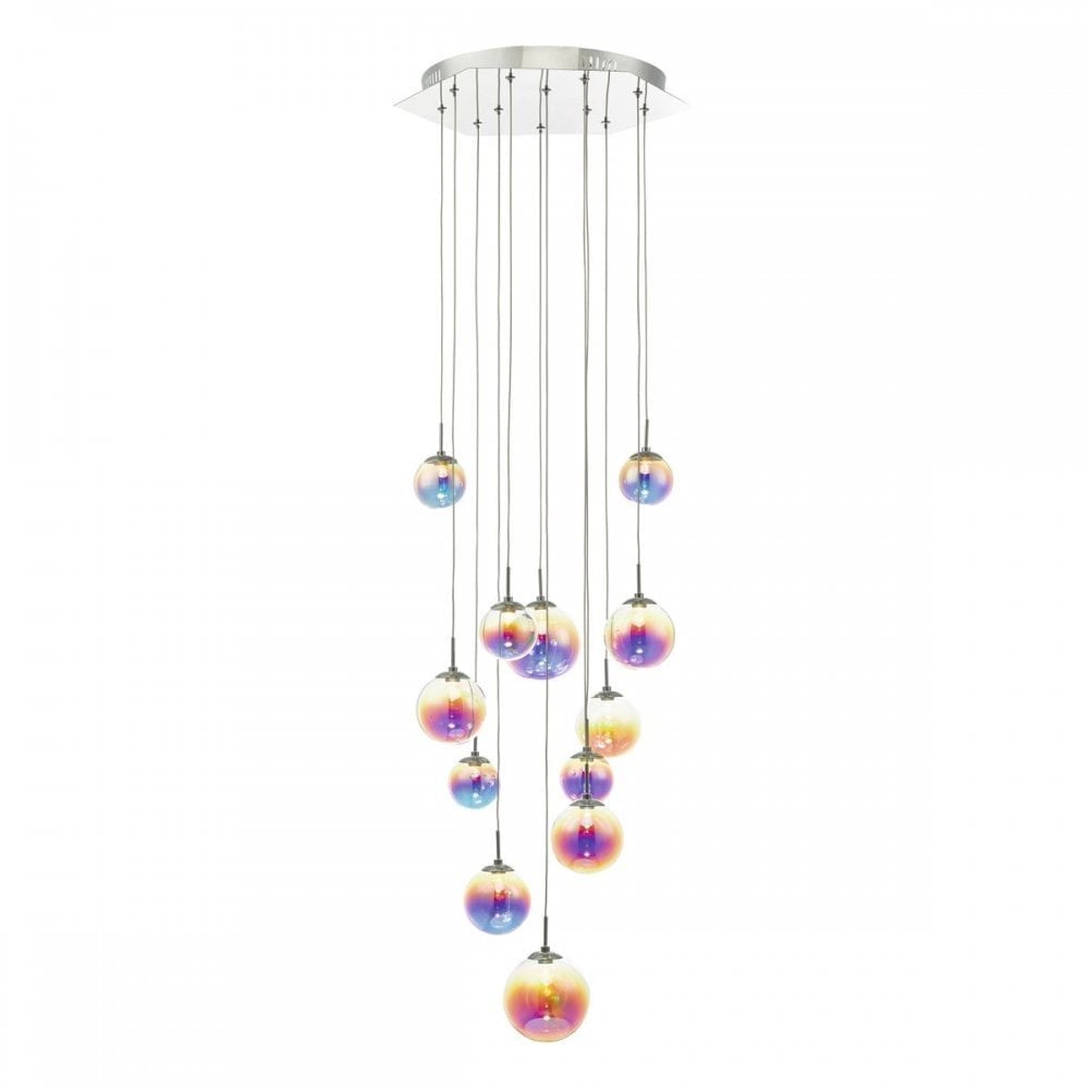 A modern 12-light multi-pendant chandelier featuring iridescent glass spheres hanging at various lengths.