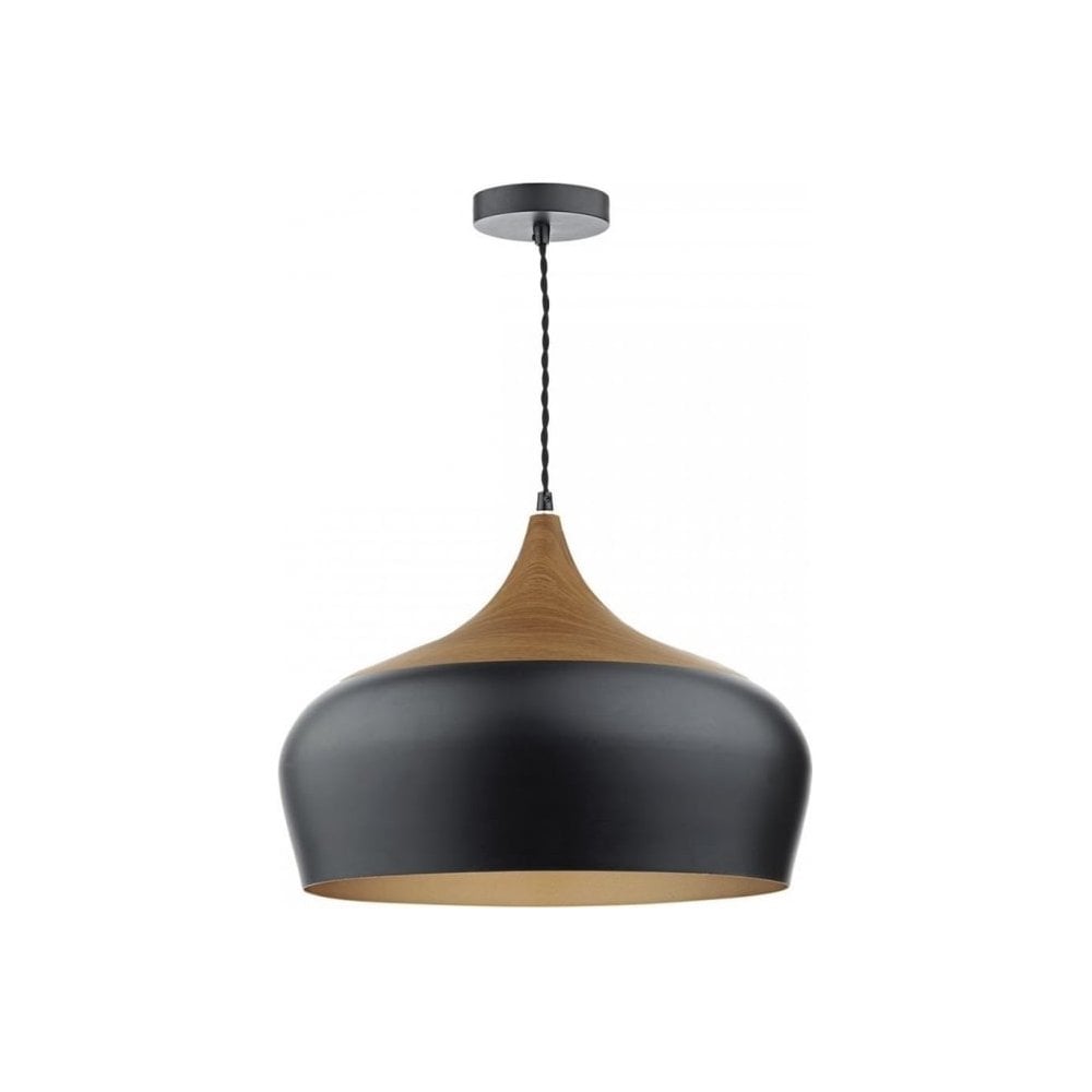 Black and wood pendant light with gold interior on white background.