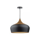 Black and wood pendant light with gold interior on white background.