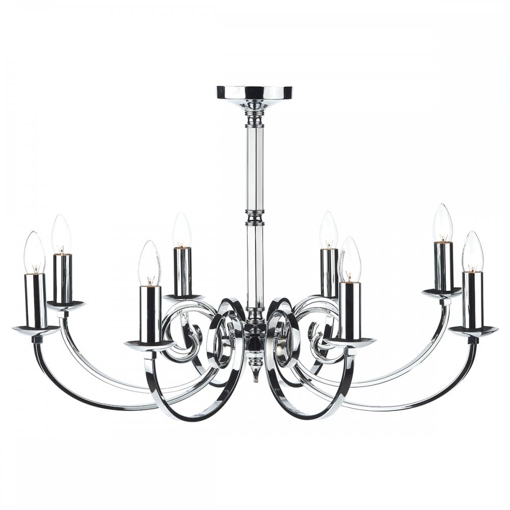 A shiny silver chandelier with eight arms, each holding an upward-pointing candle-shaped bulb.