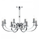 A shiny silver chandelier with eight arms, each holding an upward-pointing candle-shaped bulb.