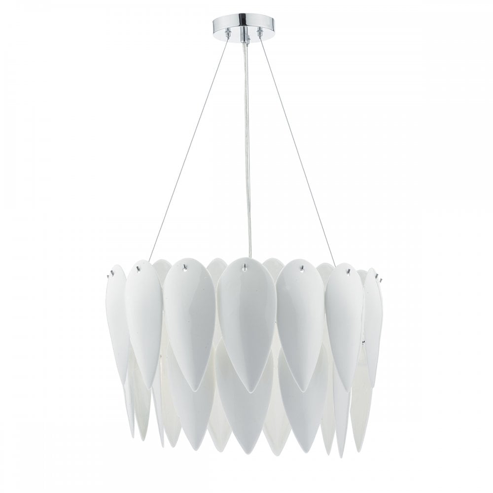 A white decorative pendant light, with a layered petal design, hangs from a chrome ceiling rose.
