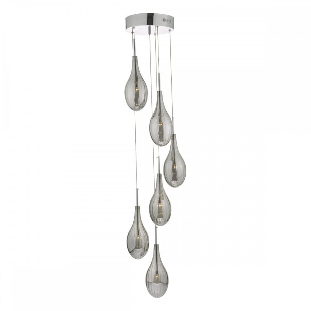 A six-light pendant fixture with grey, teardrop-shaped shades and a chrome base.