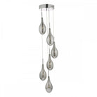 A six-light pendant fixture with grey, teardrop-shaped shades and a chrome base.