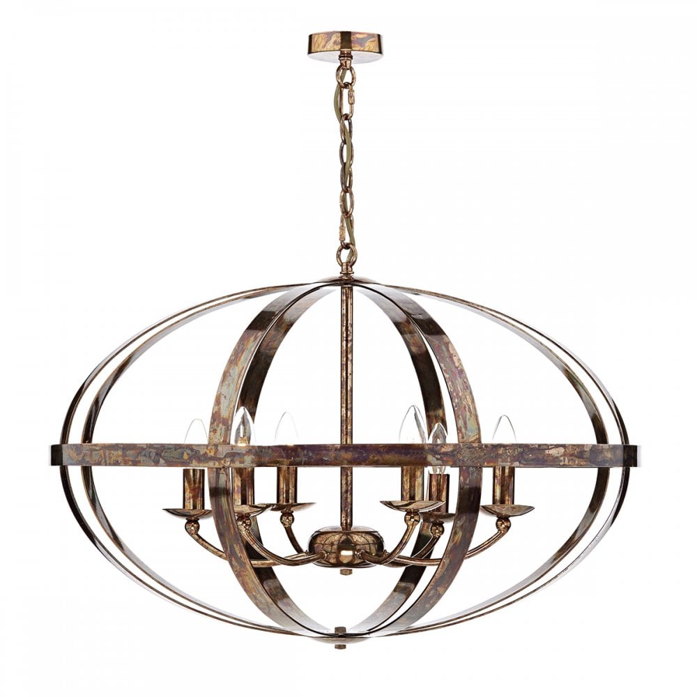 A large, rustic, orb-shaped chandelier with five candle-style lights on a white background.