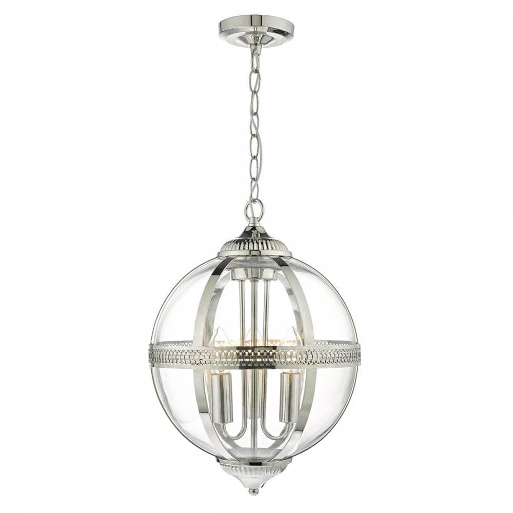 Polished nickel pendant light with clear glass orb and three visible bulbs.