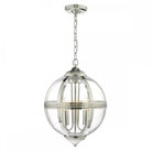 Polished nickel pendant light with clear glass orb and three visible bulbs.