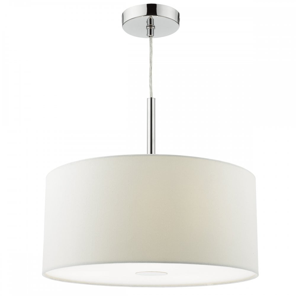 A white drum pendant light with a chrome fixture for overhead room lighting.