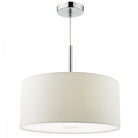 A white drum pendant light with a chrome fixture for overhead room lighting.