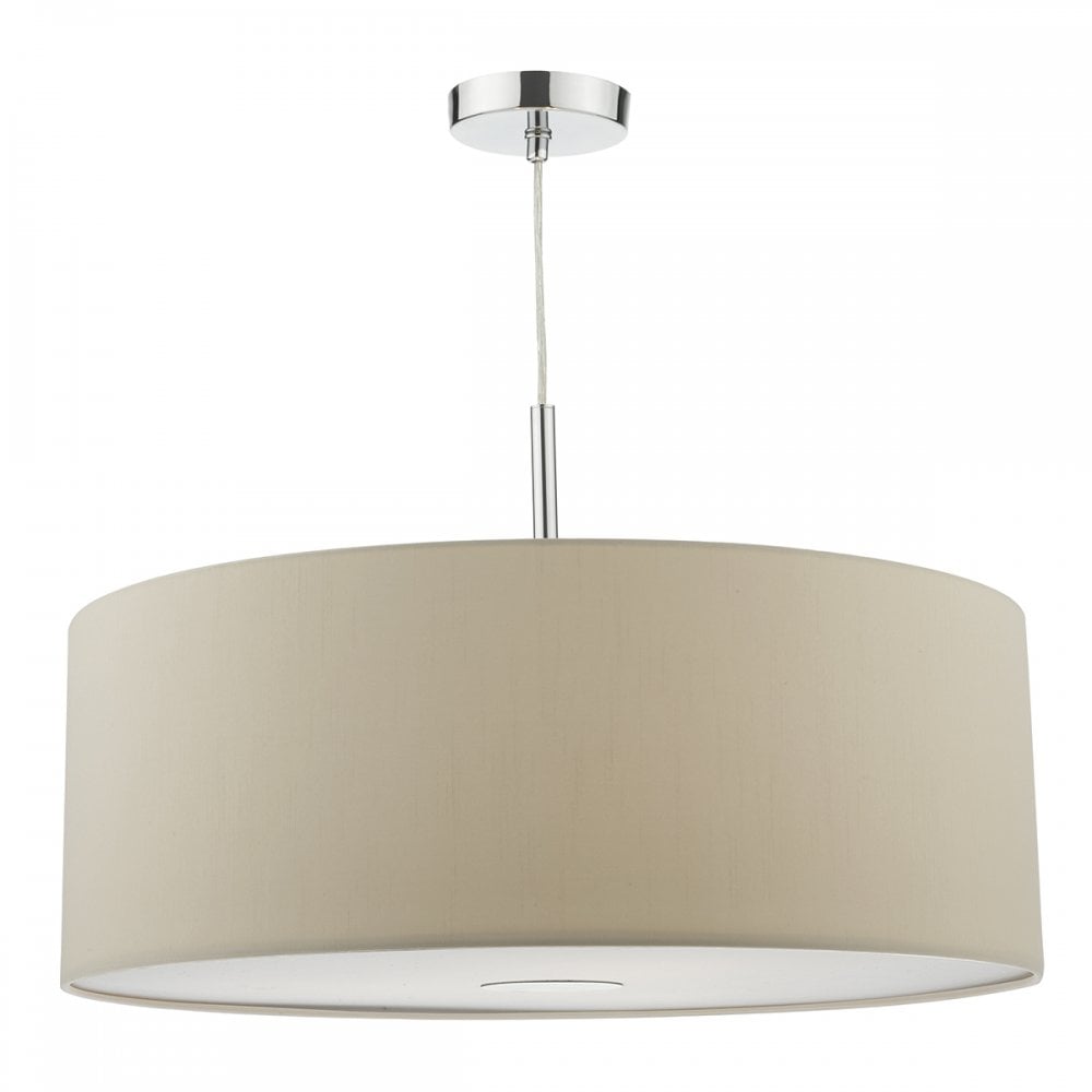 Beige fabric drum lampshade pendant light with chrome accents.