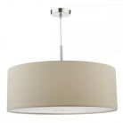 Beige fabric drum lampshade pendant light with chrome accents.