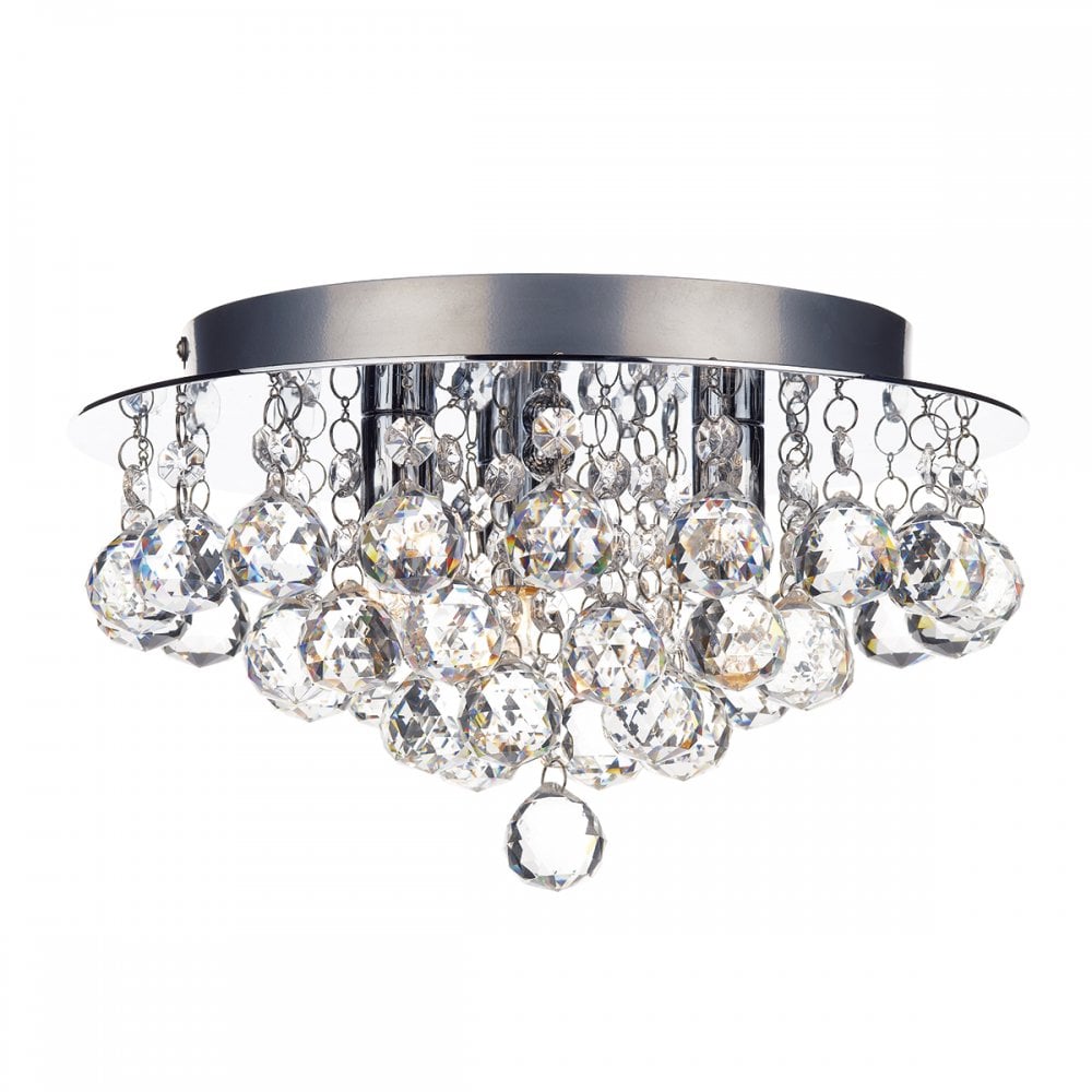 A close-up view of the crystal ceiling light with multiple clear crystal balls.