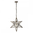 A star-shaped pendant light with a clear glass and brass frame, hanging from a chain.