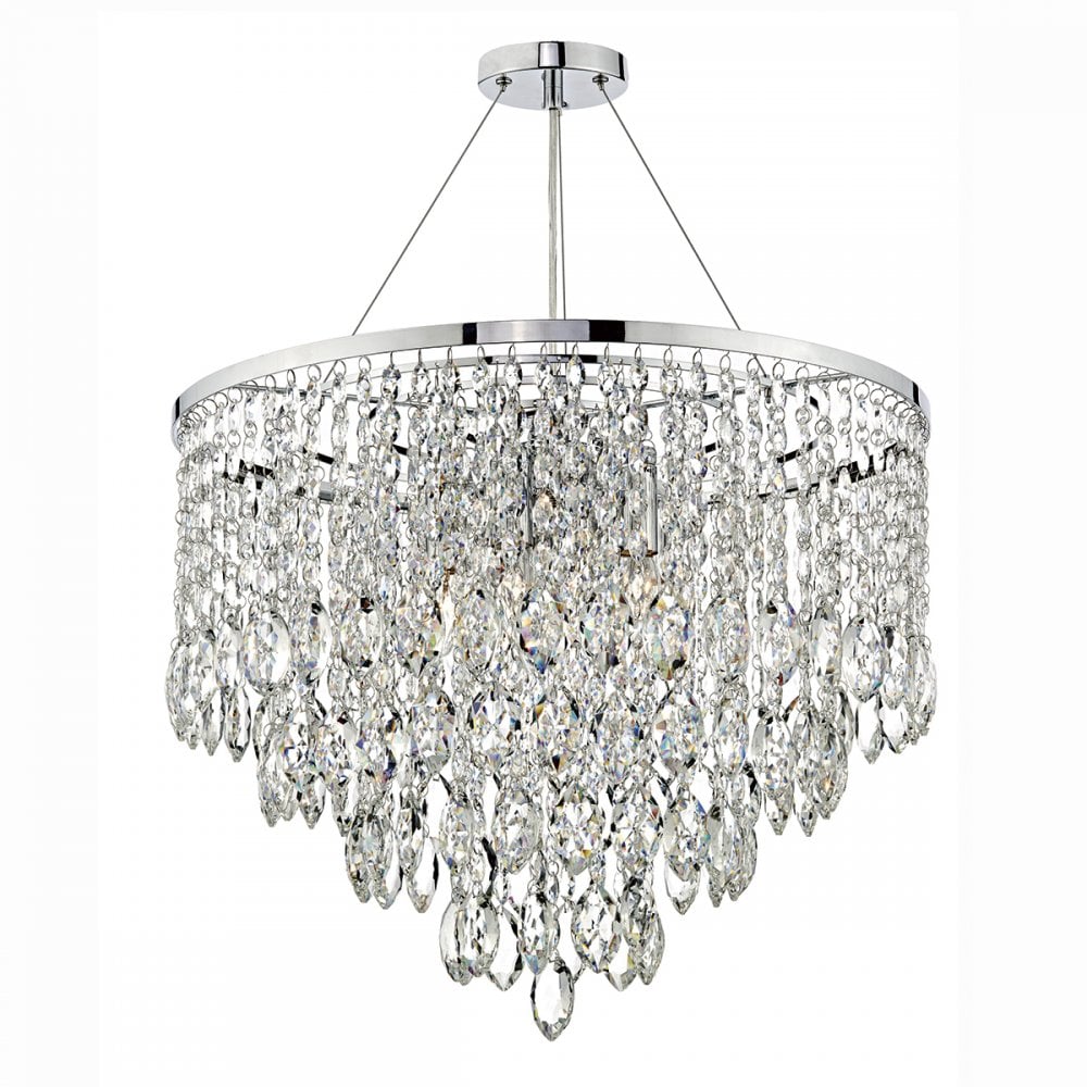 A close-up of a glamorous chandelier with tiers of shimmering crystal accents and a chrome frame.
