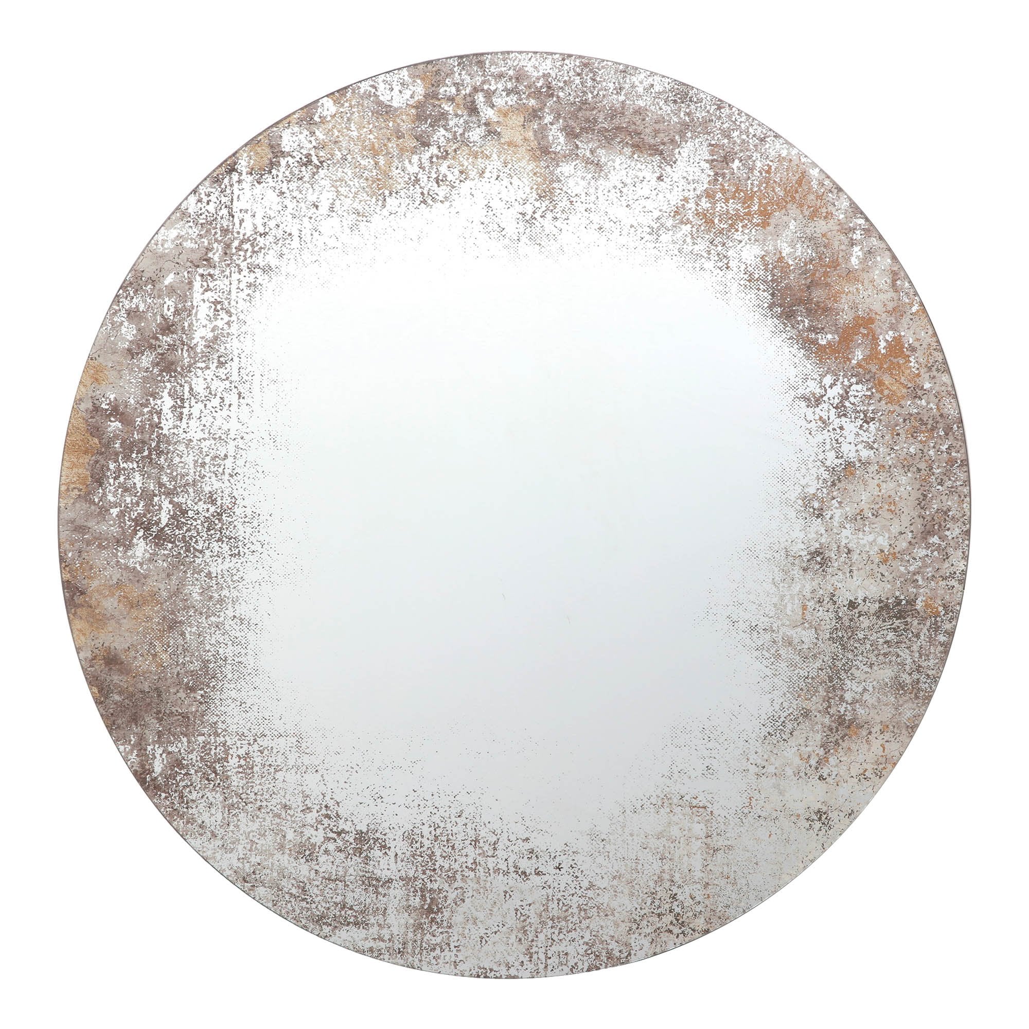 A round mirror with a distressed, antiqued silver and gold frame against a white background.