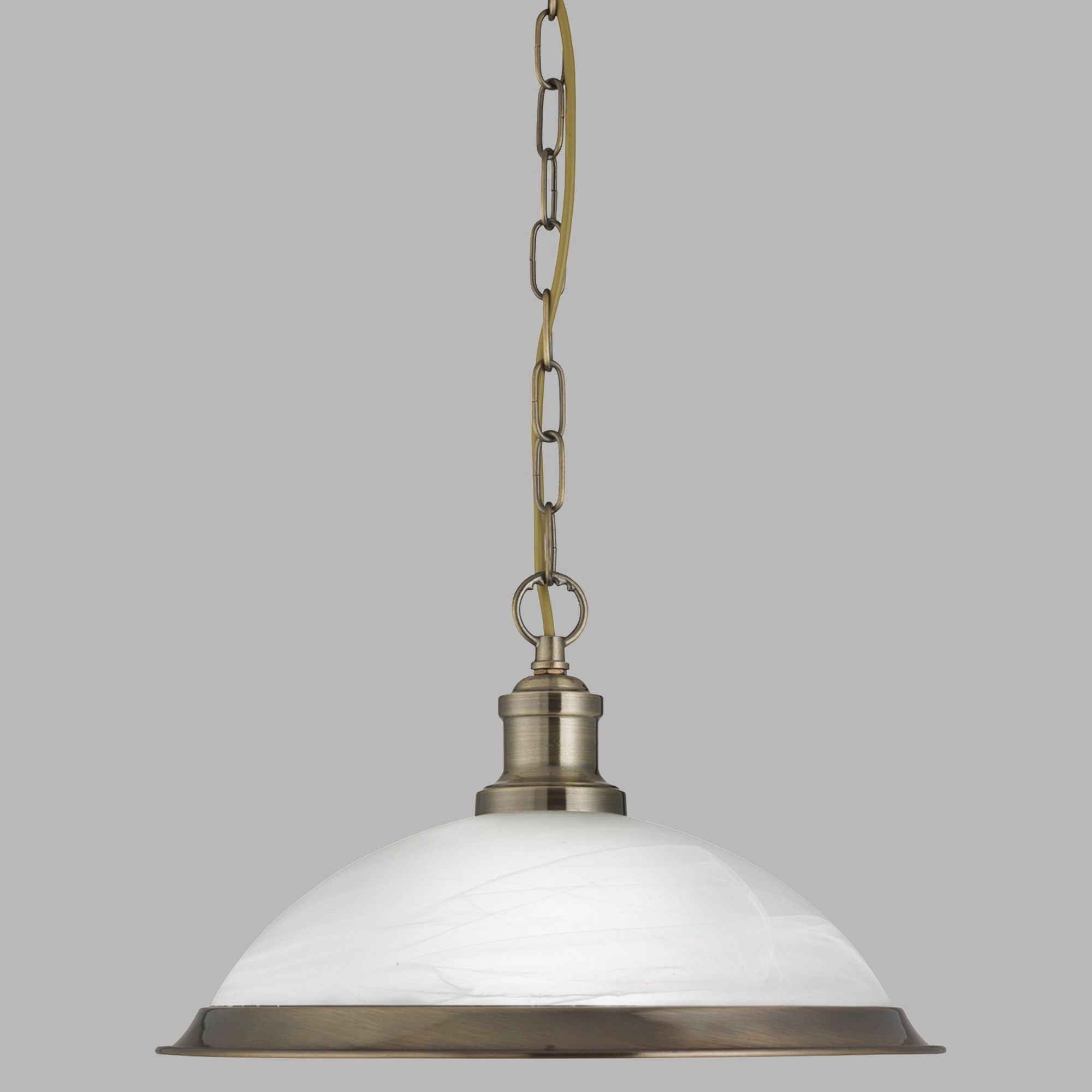 An eye-level view of the Antique Brass Pendant Light with a white background.