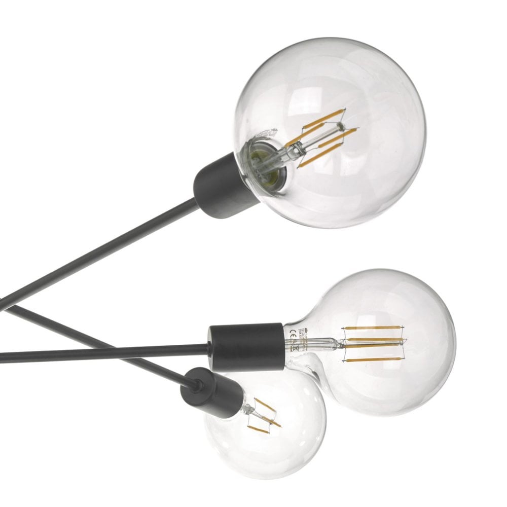 Close-up of clear globe lightbulbs on a black sputnik chandelier.