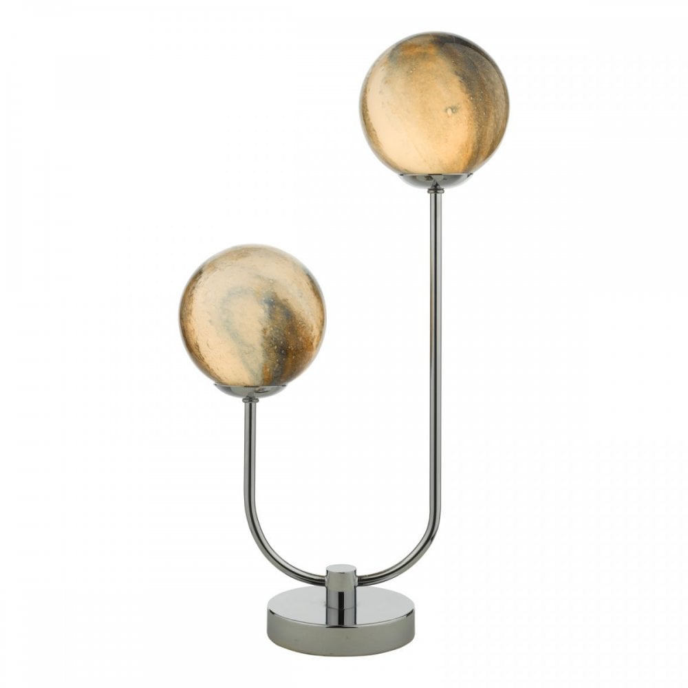 Table lamp with two spherical, patterned, warm-toned glass shades and a chrome base.