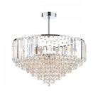 A dazzling crystal chandelier with layered prisms, perfect for ambient lighting.