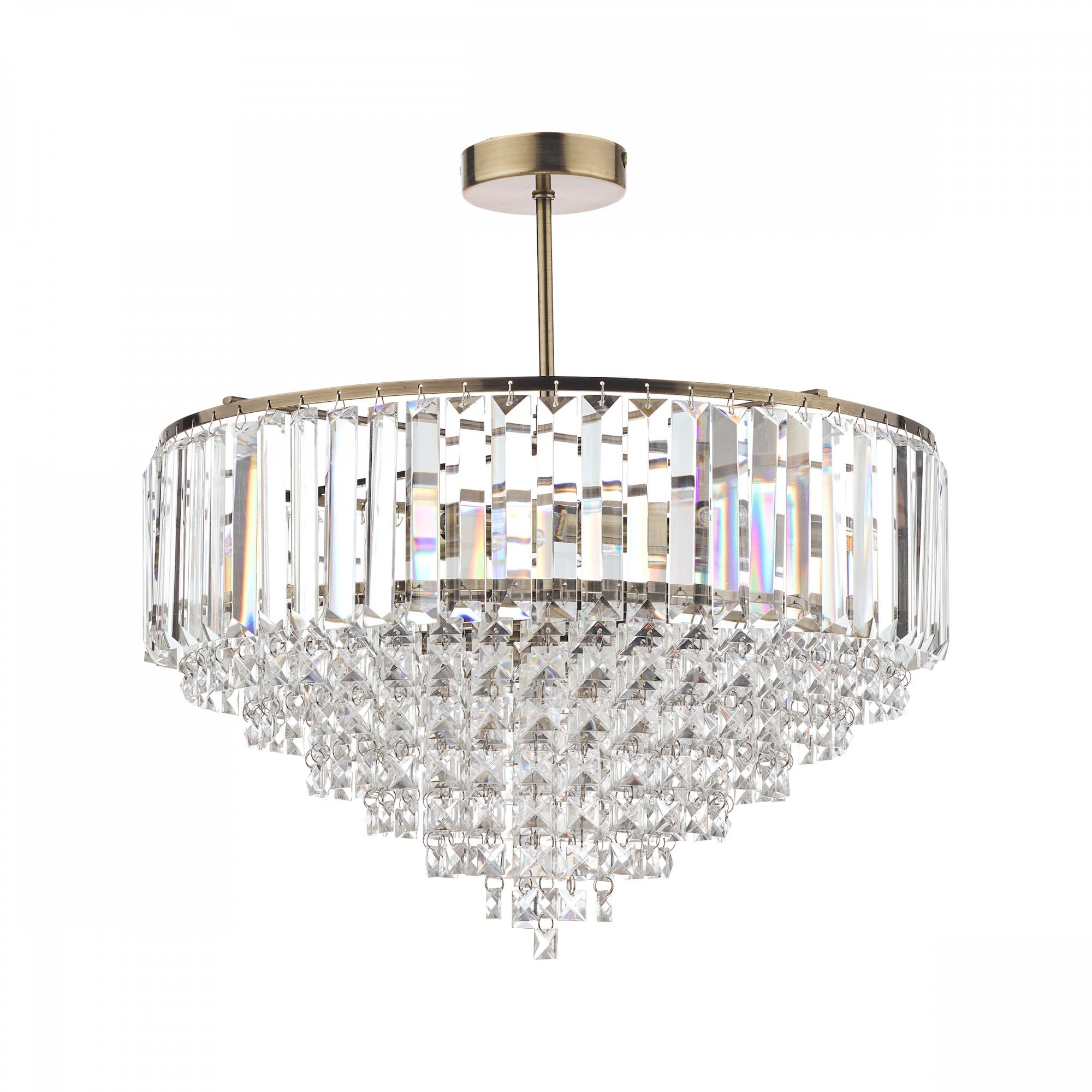 A brilliant tiered crystal chandelier with a brass finish, displayed on a white background.