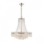 A 3-tier crystal chandelier hangs from the ceiling against a white background.