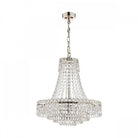 A 3-tier crystal chandelier hangs from the ceiling against a white background.