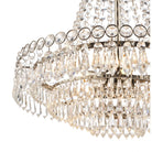 A close up of the crystal details on a 3-tier crystal chandelier.