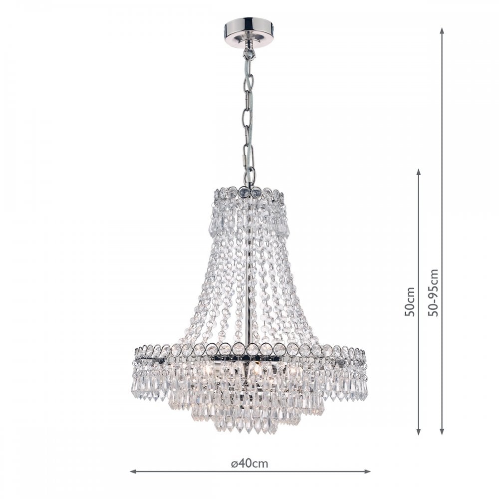 A 3-tier crystal chandelier with measurements for height and width on a white background.