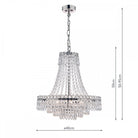 A 3-tier crystal chandelier with measurements for height and width on a white background.