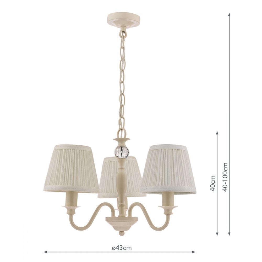 A cream three-arm chandelier with pleated shades, dimensions of 43cm diameter & 40-100cm height.