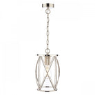 A full view of the polished nickel pendant light with a clear glass shade.