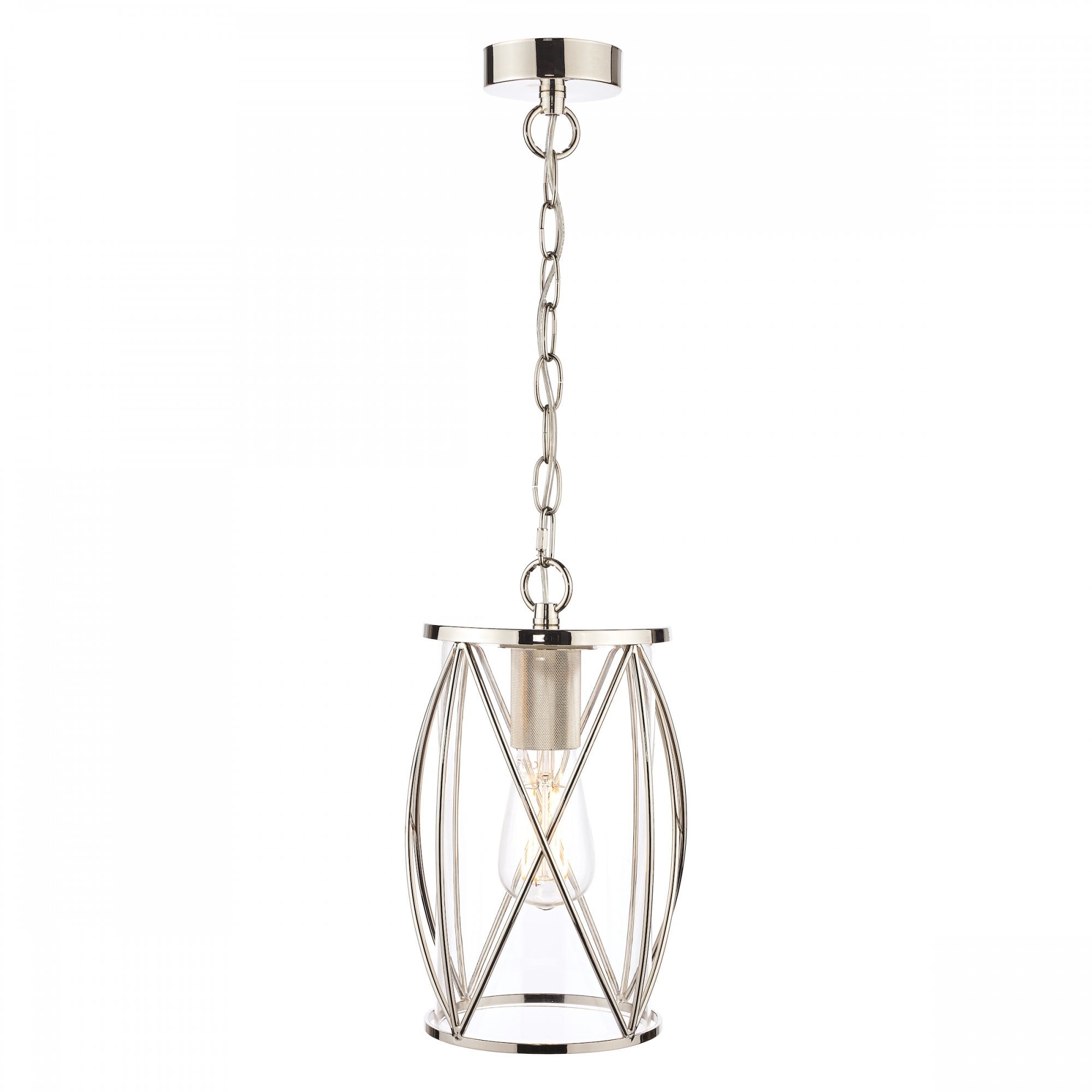 A full view of the polished nickel pendant light with a clear glass shade.