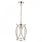 A full view of the polished nickel pendant light with a clear glass shade.