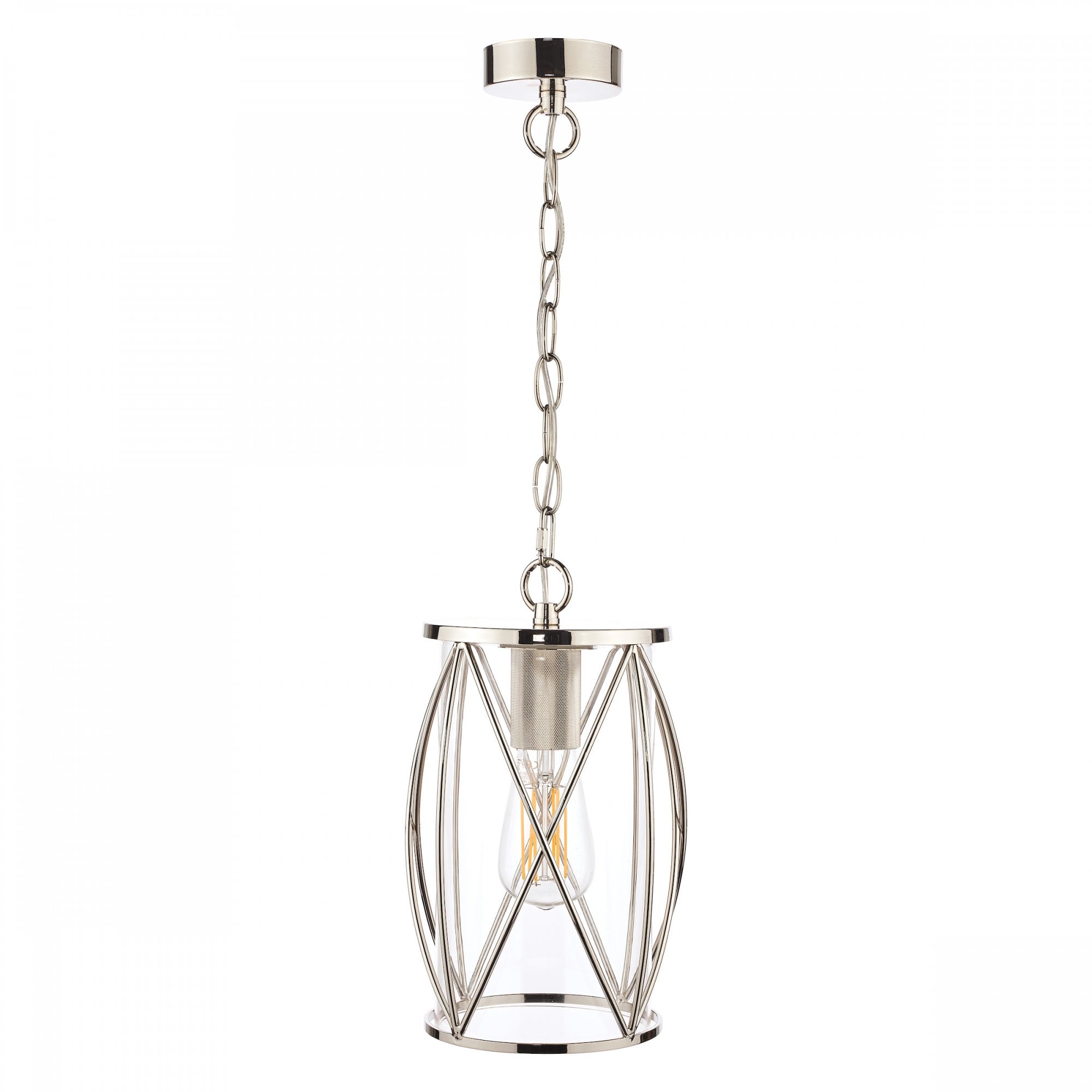 A full view of the polished nickel pendant light with a clear glass shade.