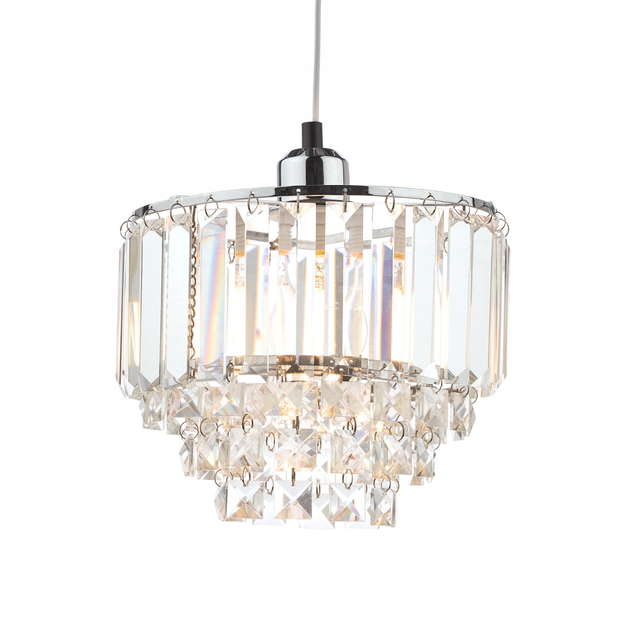 Brightly lit tiered crystal pendant light with chrome finish on a white background.