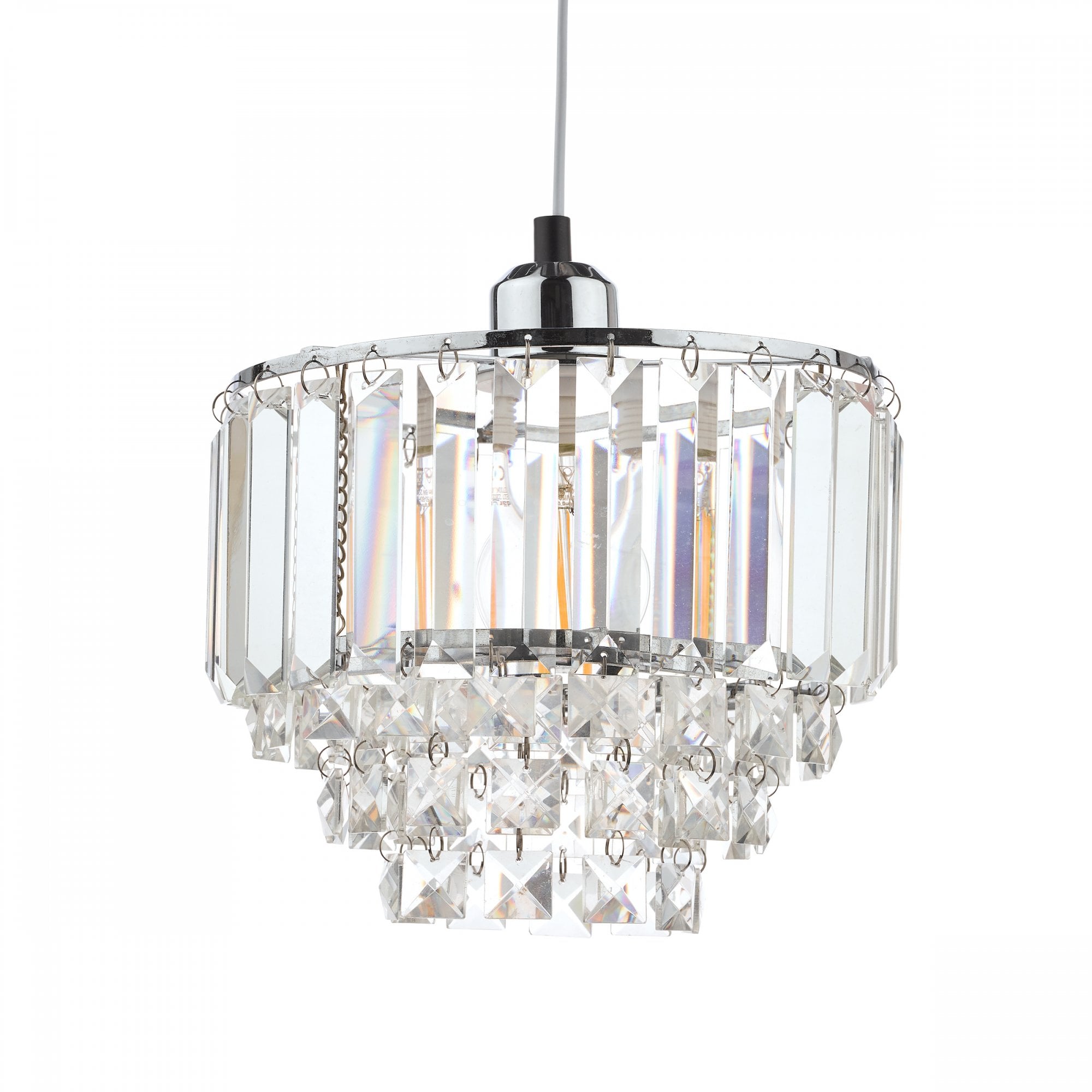 Tiered crystal pendant light with chrome finish, unilluminated, against a white background.