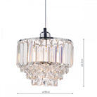 Tiered crystal pendant light with chrome finish and dimensions labeled.