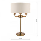 Brass table lamp with white shade and dimensions of 52cm height and 32cm diameter.