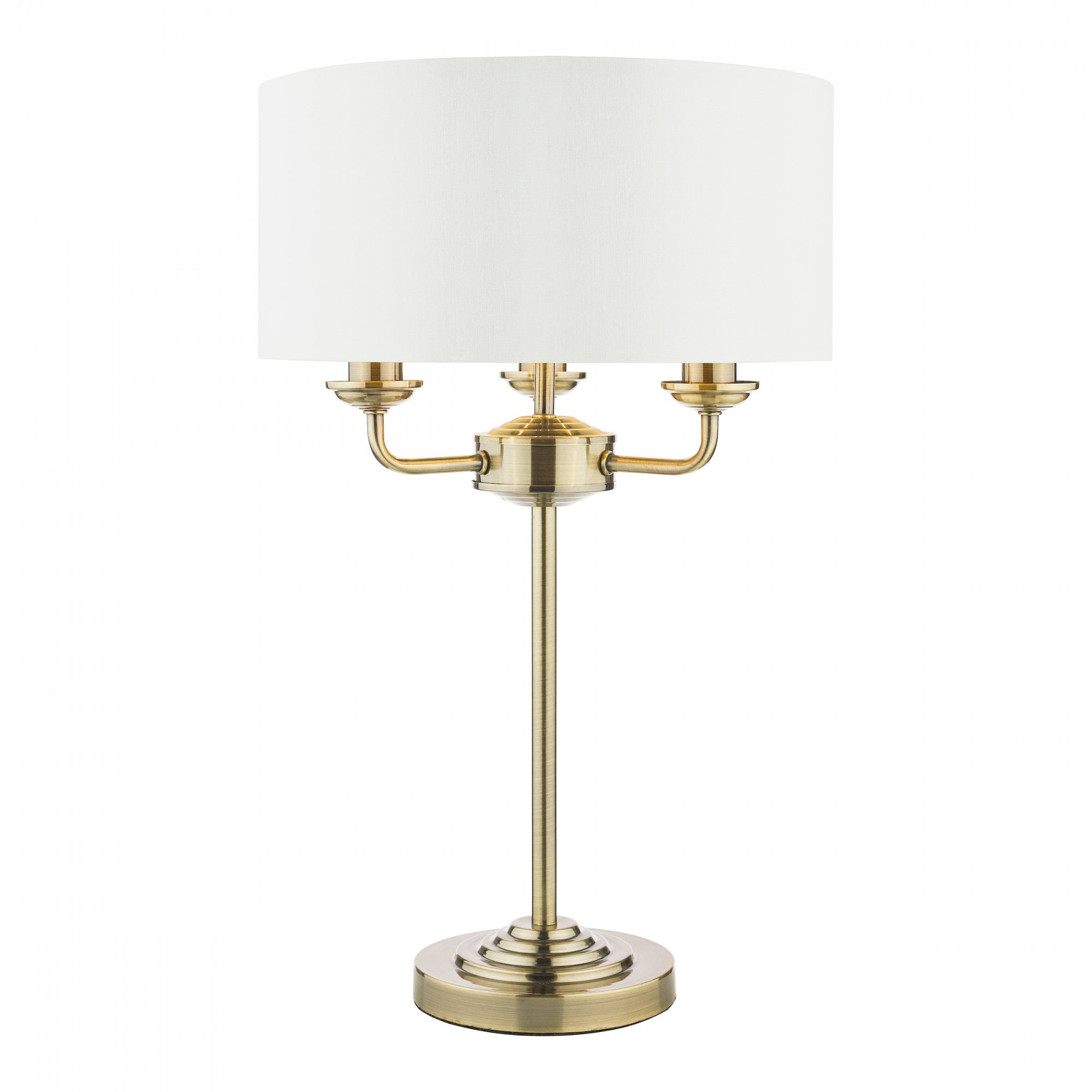 Classic brass table lamp with a white drum shade, perfect for traditional decor.