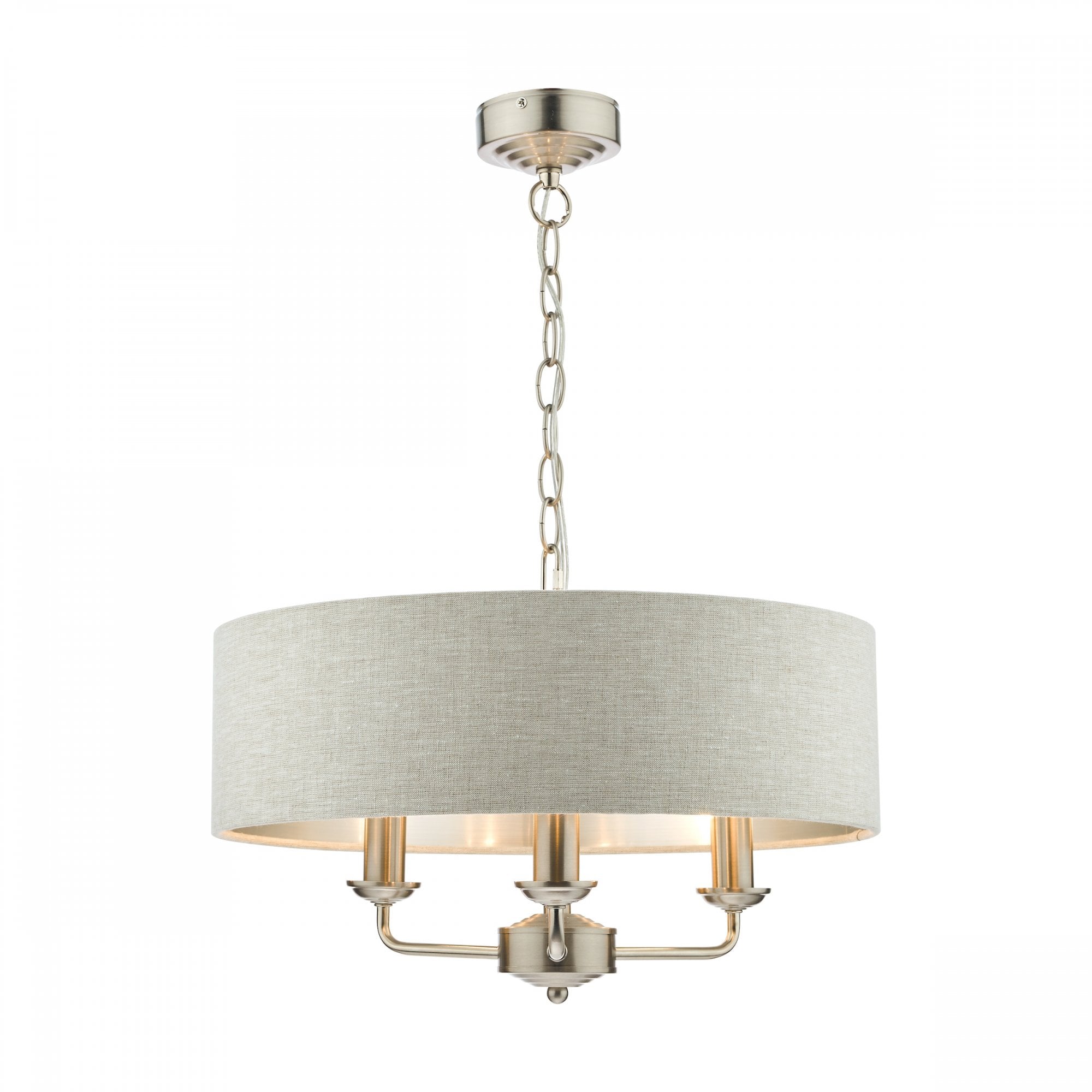 A stylish cream fabric drum shade chandelier with three gold candle-style lights hangs.