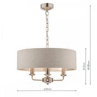 A cream drum shade chandelier with three candle-style lights shown with dimensions.