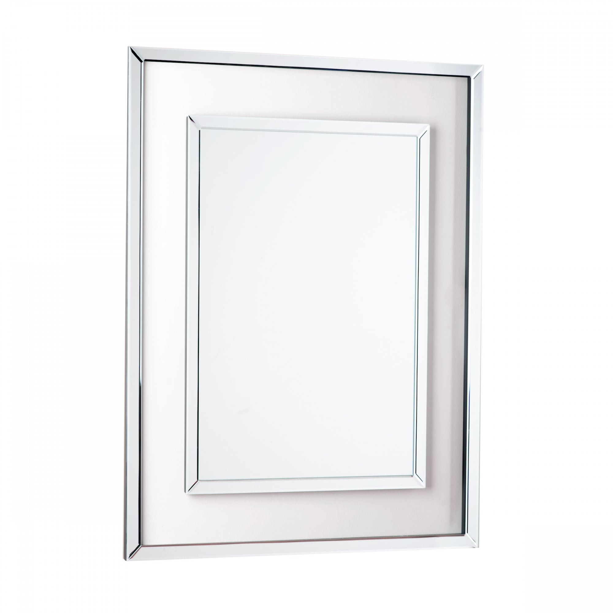 Front view of an ornate rectangular silver mirror with a smaller inner mirror.