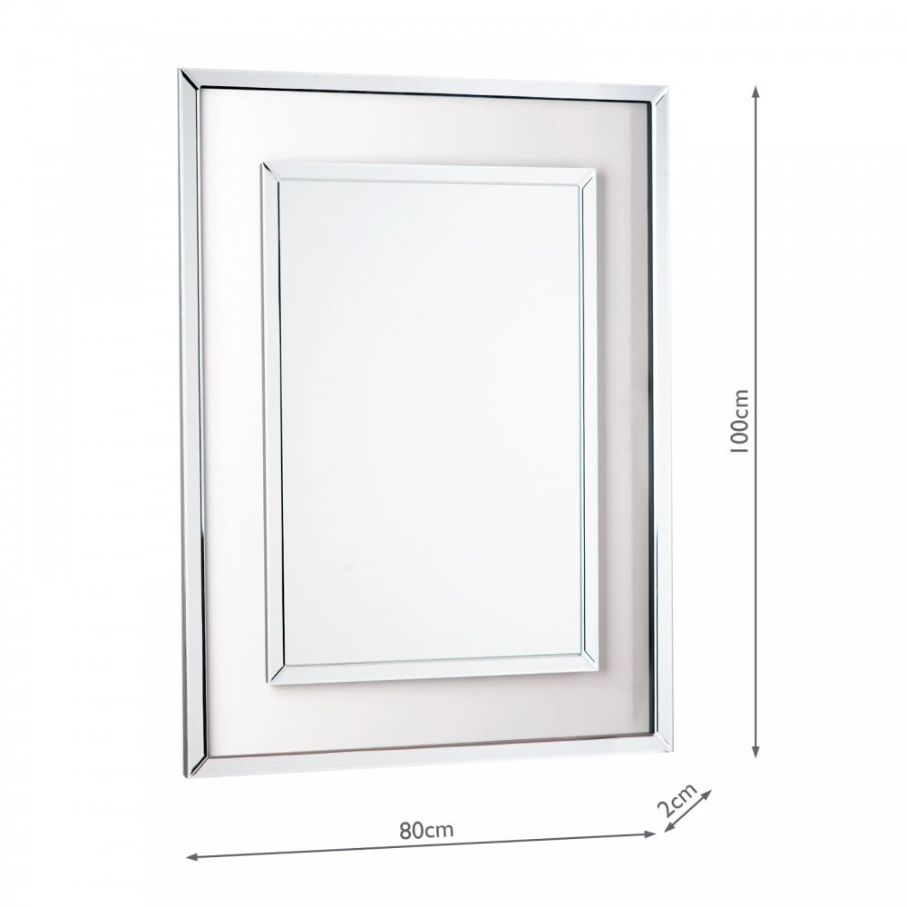 Front view of an ornate silver rectangular mirror with dimensions of 100cm by 80cm.