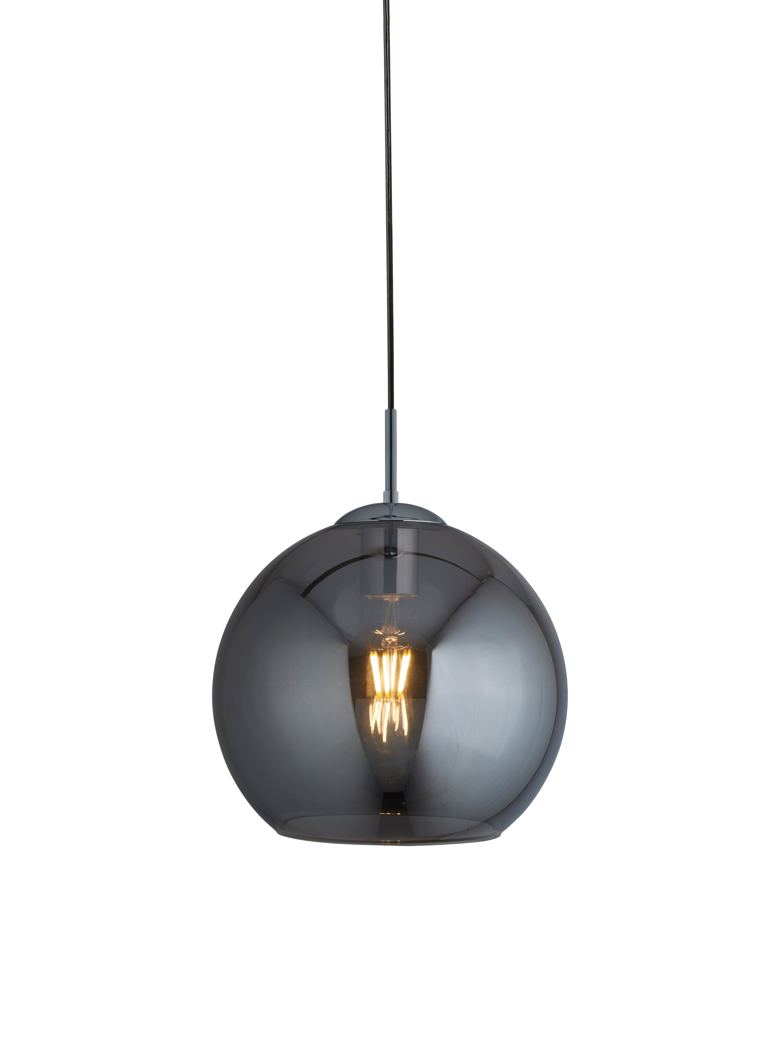 A close-up shot of the pendant light with the bulb illuminated.