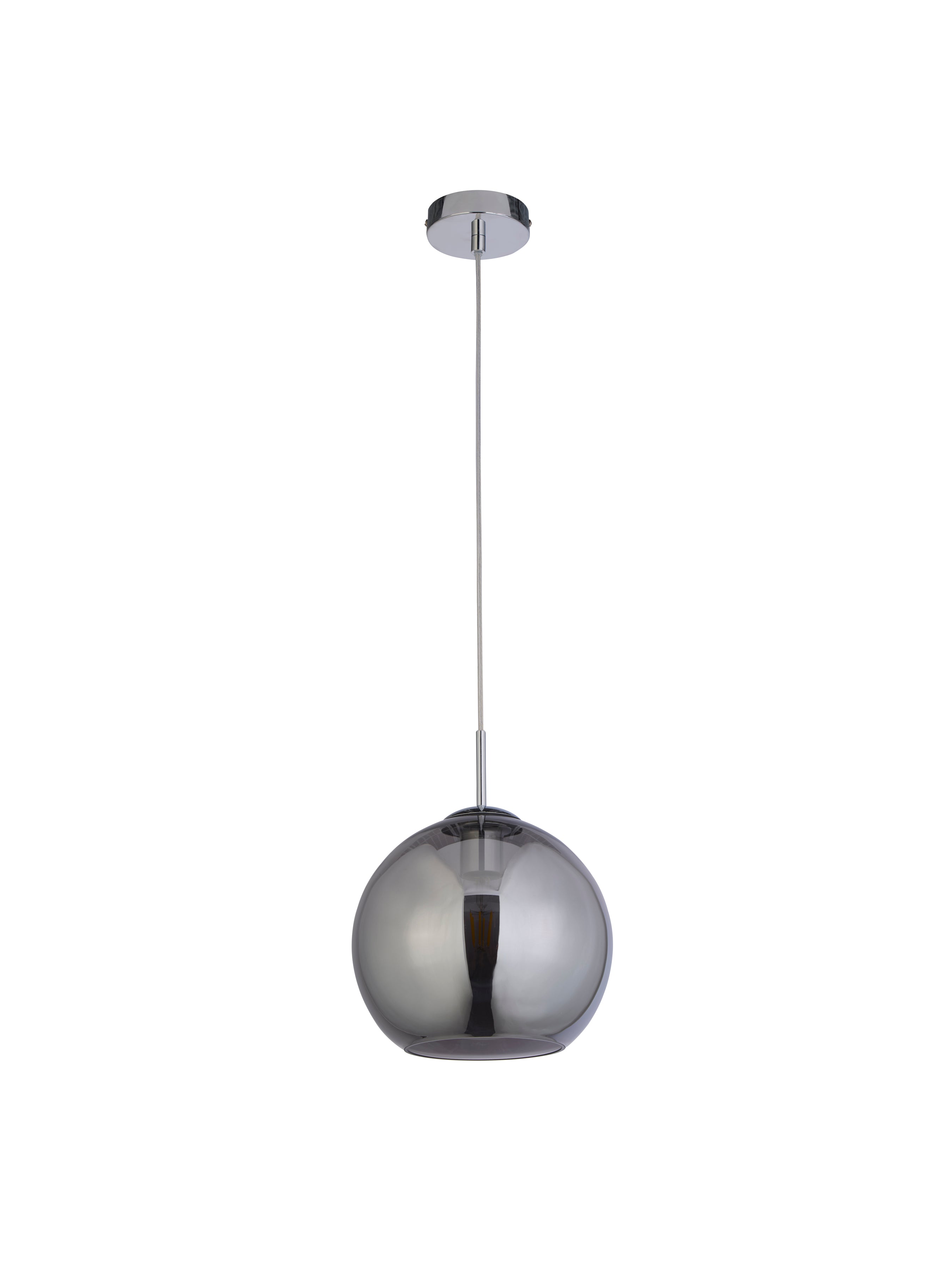 A full view of the pendant light with its smoked glass shade.